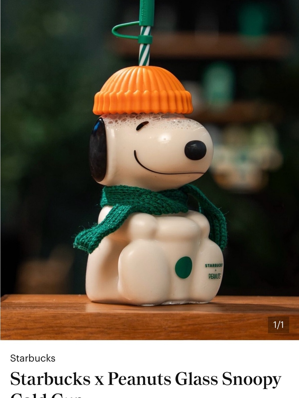 Starbucks Peanuts Snoopy Glass Collectors Cup - Cream, Orange & Green